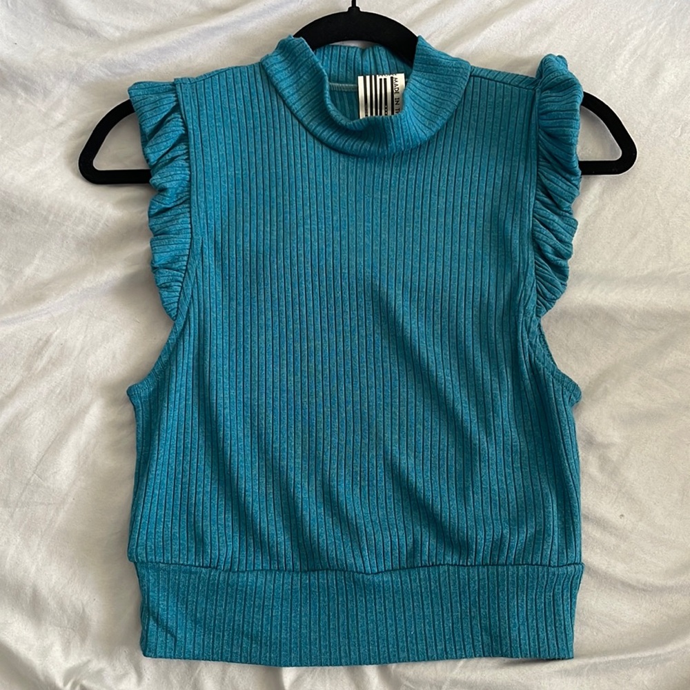 Free People Sleeveless Teal Ruffle Cap Sleeve Large Crop